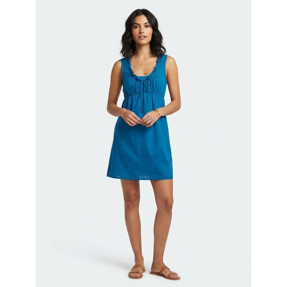 Velvet by Graham & Spencer Ruffle Neck Cotton Mini Dress Sleeveless Blue Petite